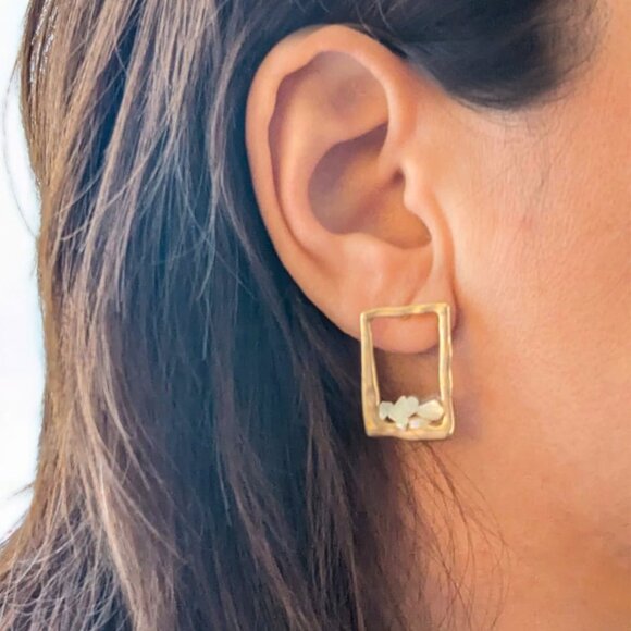 Elegant Gold Frame Earrings with White Stones - Picture 4 of 4